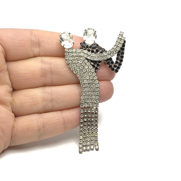 Vintage Pave Rhinestone Dancing Couple Brooch Prong Set Mid Century Art Deco