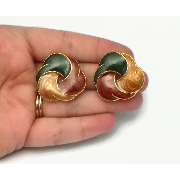 Vintage Enamel Swirl Clip on Earrings Gold with Green Amber and Maroon Enamel