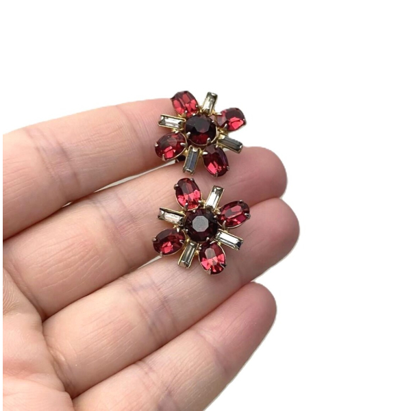 Vintage Garnet and Ruby Red Crystals and Clear Baguettes Screw Back Earrings