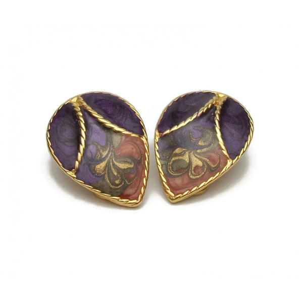 Vintage Purple Orange and Gold Enamel Clip on Earrings Teardrop Shaped