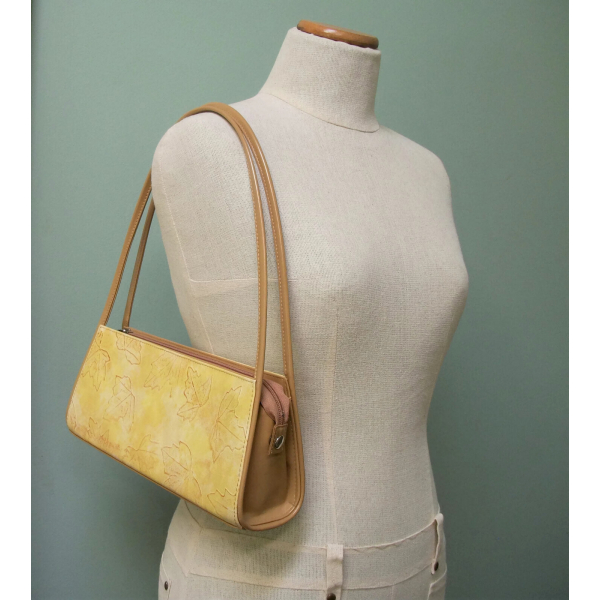 Vintage Autumn Leaf Print Handbag Yellow and Tan Vinyl Top Handle Purse