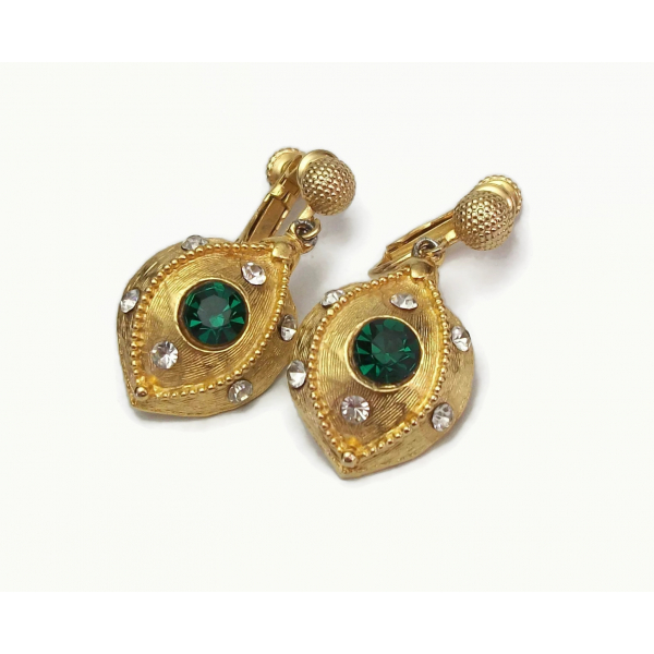 Vintage Brushed Gold and Emerald Green Crystal  Rhinestone Clip on Earrings