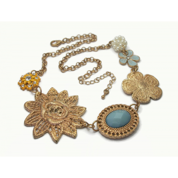 Vintage Asymmetrical Floral Necklace Gold Enamel Flower Bib Necklace