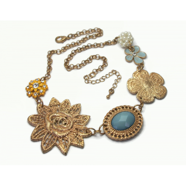 Vintage Asymmetrical Necklace Gold Tone Floral Theme Enamel Flower Faux Pearl
