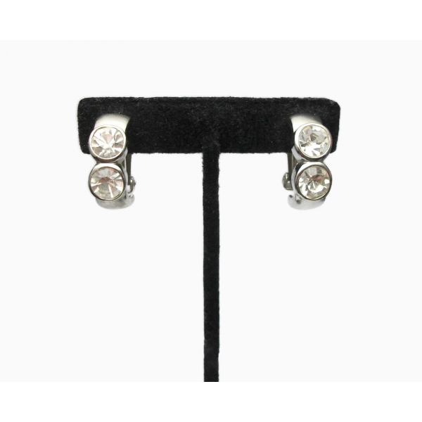 Vintage Silver Clear Crystal Rhinestone Clip on Earrings 1 inch Chunky Earrings