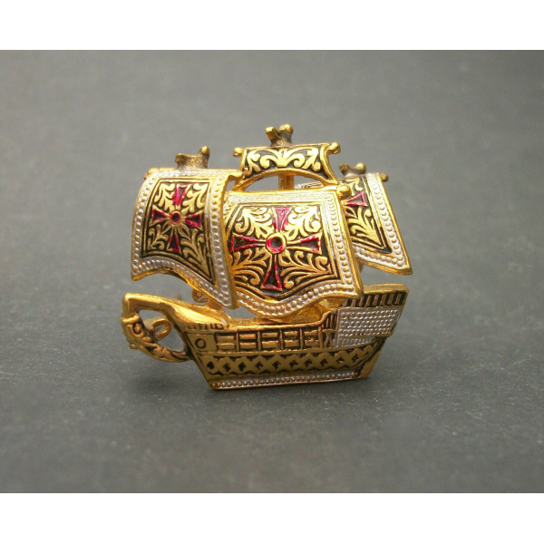 Vintage Spanish Damascene Ship Brooch Made in Spain Gold Tone and Silver Tone