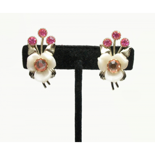 Vintage White Celluloid Pink Rhinestone Flower Clip on Earrings Gold and White