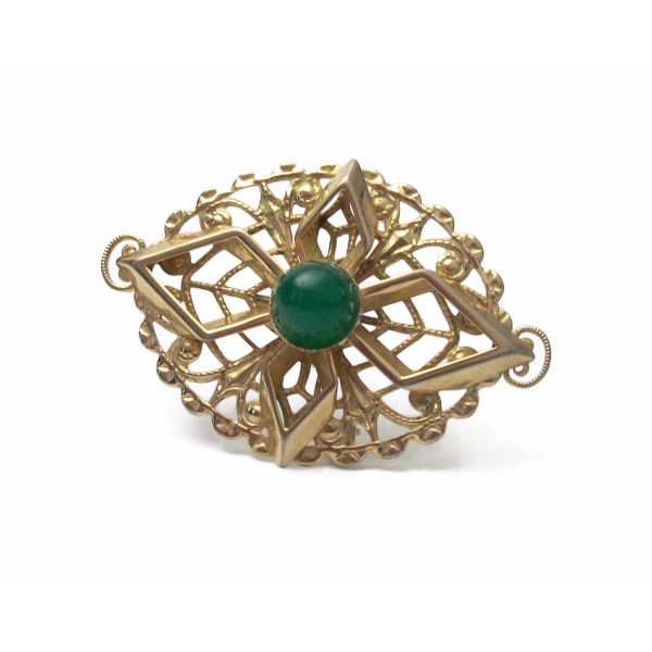 Vintage Sarah Coventry Gold Filigree Brooch Green Stone Cabochon Pin