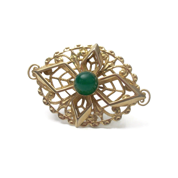 Vintage Sarah Coventry Gold Filigree Brooch Green Stone Cabochon Geometric Oval Openwork Lapel Pin Men Women Vintage Sarah Coventry Gold Filigree Brooch Green Stone Cabochon Geometric Oval