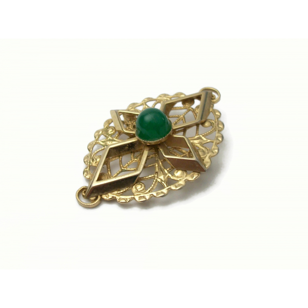Vintage Sarah Coventry Gold Filigree Brooch Pin with Green Stone Cabochon