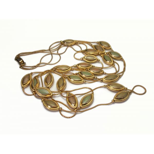 Vintage Triple Strand Long Gold Necklace with Olive Taupe Enamel Beads
