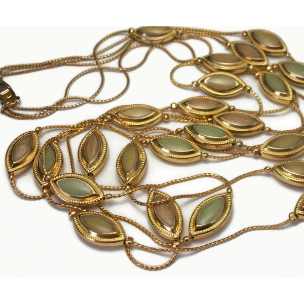Vintage Triple Strand Long Gold Necklace with Olive Taupe Enamel Beads