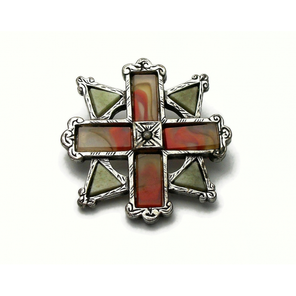 Vintage Miracle Brooch Faux Scottish Agate and Connemara Green Orange Red White