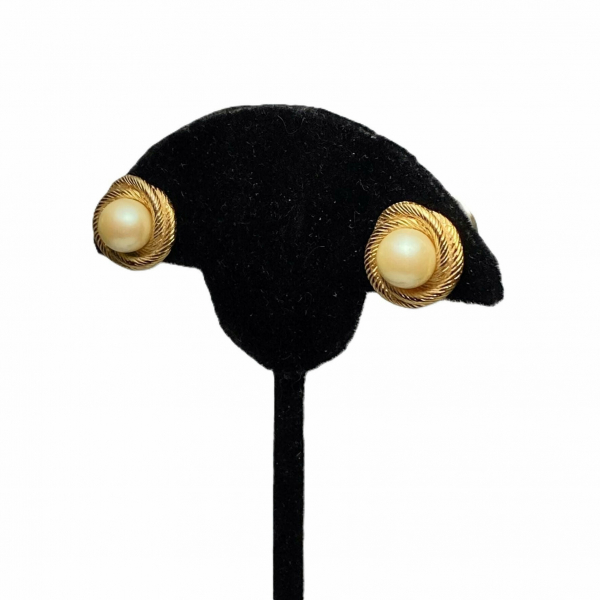 Vintage Monet Gold and Pearl Love Knot Clip on Earrings Textured Gold Knot