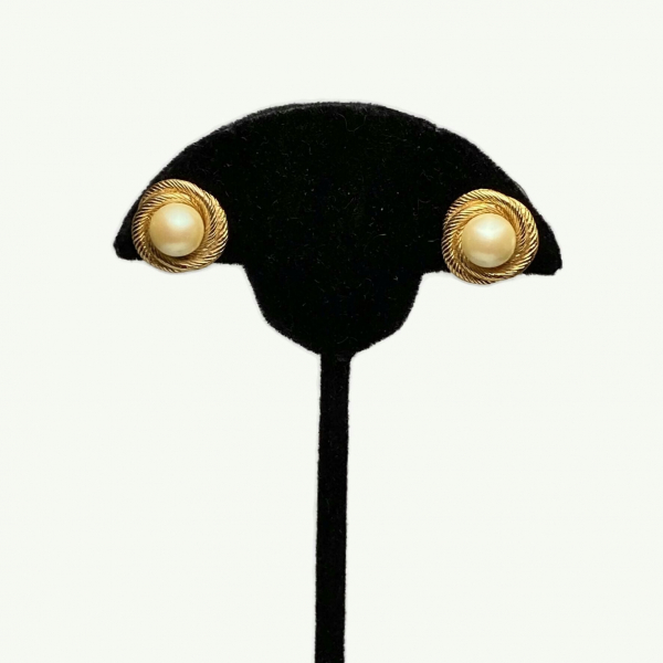 Vintage Monet Gold and Pearl Love Knot Clip on Earrings Textured Gold Knot