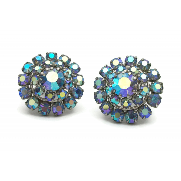 Blue AB Austrian Crystal Rhinestone Clip on Earrings Mid Century Wedding Formal