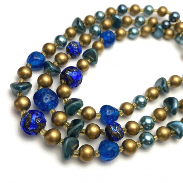 Vintage Blue and Bronze Beaded Choker Necklace Triple Strand Made in Japan 1950s