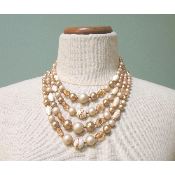 Vintage 1950s Four Strand Necklace Pale Beige Gold and Tangerine Multistrand