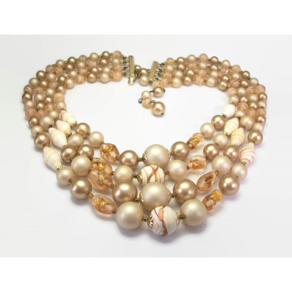 Vintage 1950s Four Strand Necklace Pale Beige Gold and Tangerine Multistrand