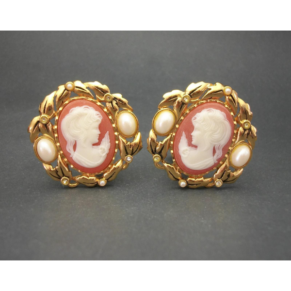Vintage Kenneth Jay Lane KJL for Avon Cameo Clip on Earrings Big Large Gold