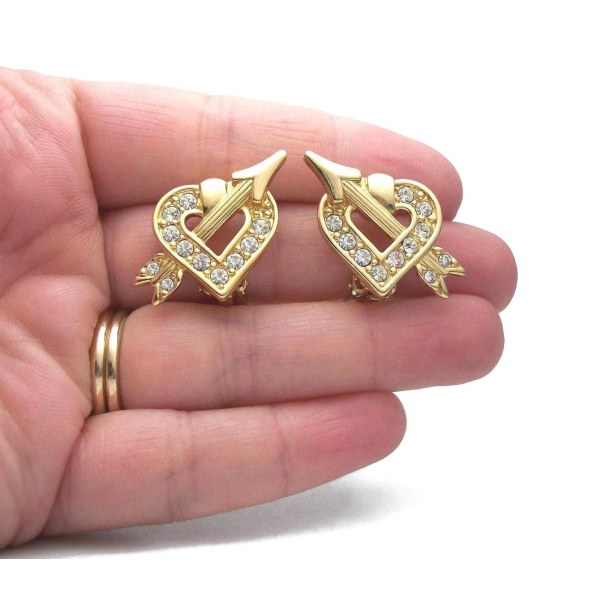 Vintage Swarovski Crystal Gold Heart and Arrow Clip on Earrings