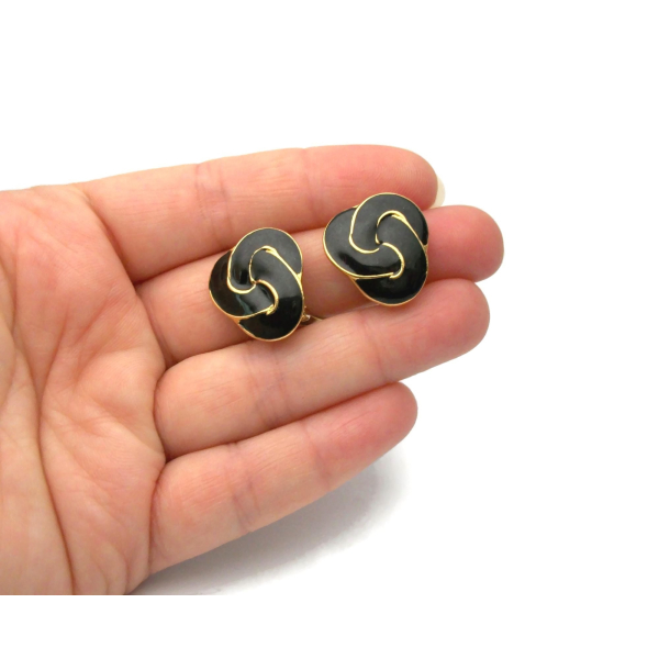 Vintage Black Enamel Love Knot Celtic Knot Clip on Earrings Black and Gold