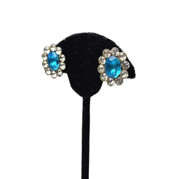 Vintage Vivid Blue Rhinestone Screw Back Earrings with Clear Rhinestone Accents