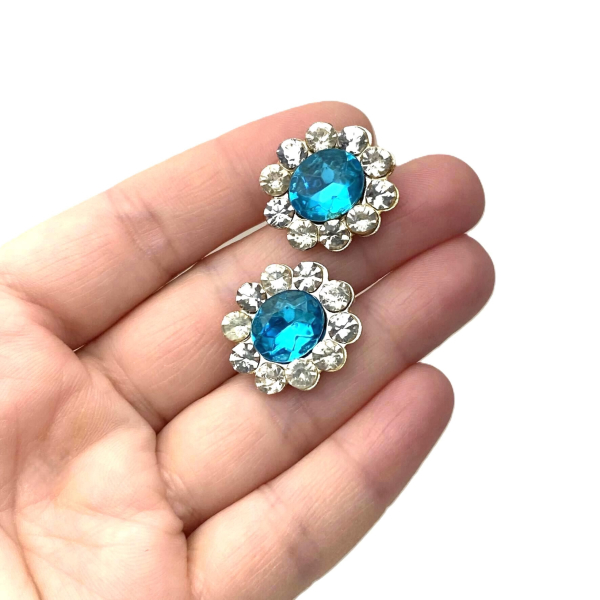 Vintage Vivid Blue Rhinestone Screw Back Earrings with Clear Rhinestone Accents