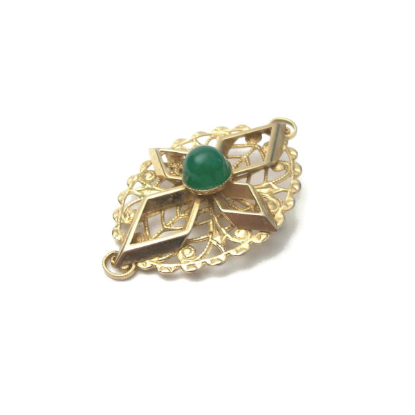 Vintage Sarah Coventry Gold Filigree Brooch Green Stone Cabochon Geometric Oval Openwork Lapel Pin Men Women Vintage Sarah Coventry Gold Filigree Brooch Green Stone Cabochon Lapel Pin