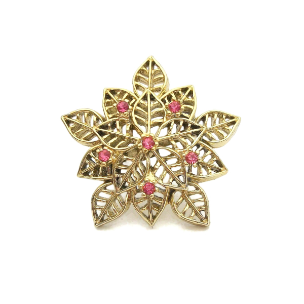 Vintage Gerry's Gold Flower Brooch with Pink Rhinestones Openwork Floral Design