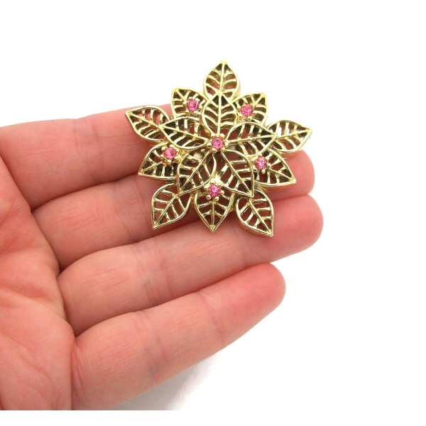 Vintage Gerry's Gold Floral Brooch with Pink Rhinestones Openwork Flower Design