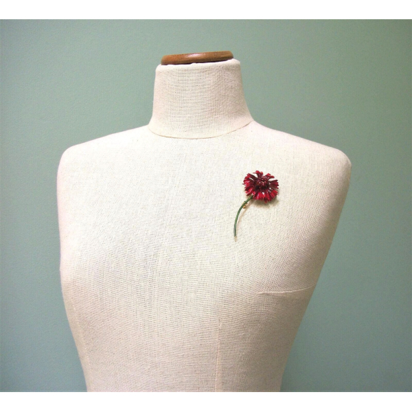 Vintage 1960s signed Sandor Red Enamel Flower Brooch or Lapel Pin