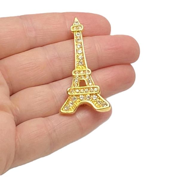 Vintage Gold Eiffel Tower Pin Brooch Lapel Pin with Clear Rhinestones