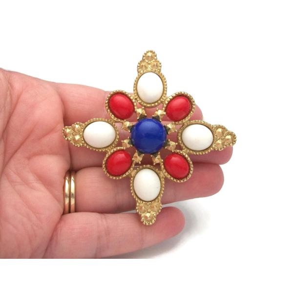 Vintage 1970s Sarah Coventry Americana Design Brooch Red White and Blue Cabochons Gold Statement Patriotic Pin 70s Jewelry Vintage 1970s Sarah Coventry Americana Design Brooch Red White and Blue Cabochon
