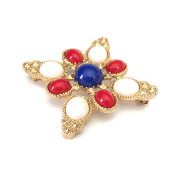 Vintage 1970s Sarah Coventry Americana Design Brooch Red White and Blue Cabochons Gold Statement Patriotic Pin 70s Jewelry Vintage Sarah Coventry Americana Design Brooch Pin Red White and Blue Cabochons