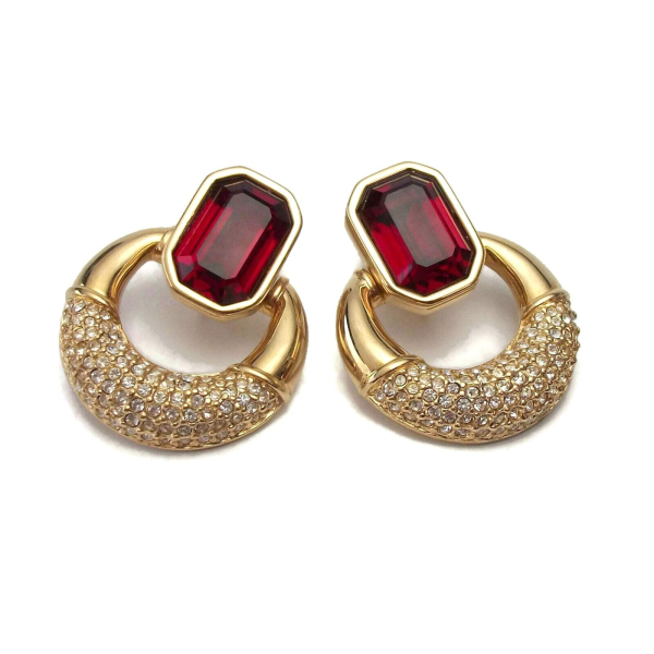 Vintage Swarovski Ruby Garnet Red Clip on Earrings Doorknocker Pave Crystal Gold