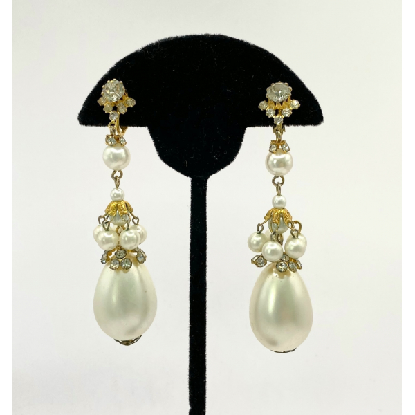 Vintage Pearl Drop Earrings Long 3 inch Clip on Earrings