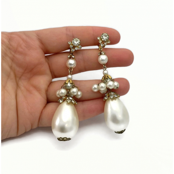 Vintage Pearl Drop Earrings Long 3 inch Clip on Earrings with Clear Rhinestones