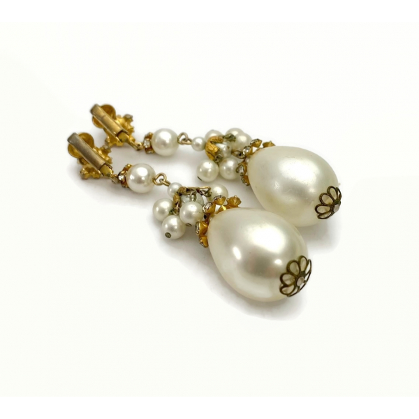 Vintage Pearl Drop Earrings Long 3 inch Clip on Earrings with Rhinestones