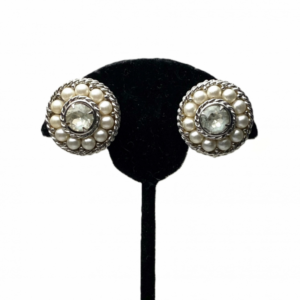 Vintage Sarah Coventry Silver Pearl and Clear Rhinestone Clip on Earrings