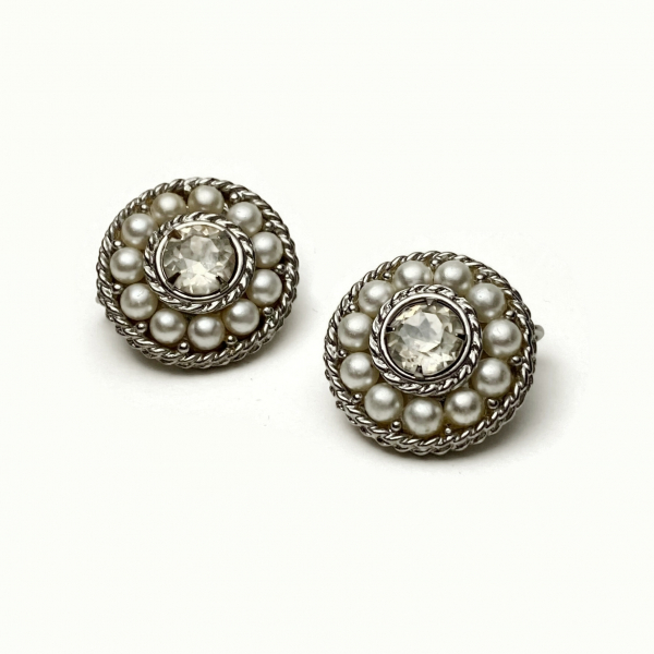 Vintage Sarah Coventry Silver Rhinestone and Pearl Clip on Earrings