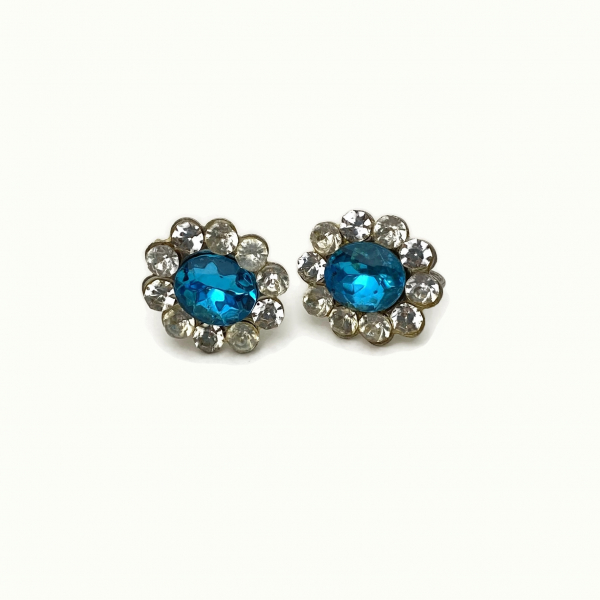 Vintage Vivid Blue Rhinestone Screw Back Earrings with Clear Rhinestone Accents