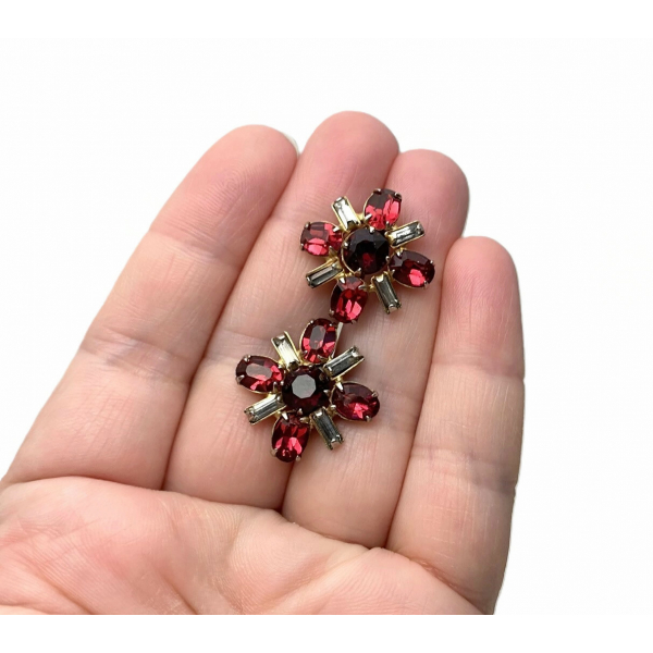 Vintage Garnet and Ruby Red Crystals and Clear Baguettes Screw Back Earrings