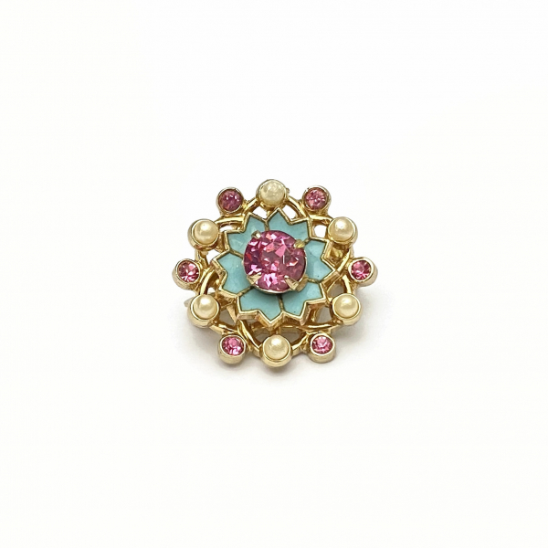 Antique Coro Brooch Small 7/8" Pink and Blue with Tiny Faux Pearls Pink Crystals
