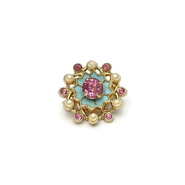 Antique Coro Brooch Small 7/8" Pink and Blue with Tiny Faux Pearls Pink Crystals