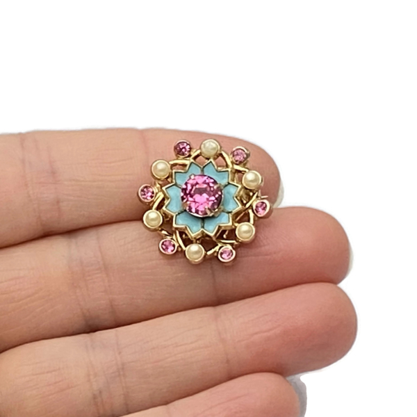 Antique Coro Brooch Small 7/8" Pink and Blue with Tiny Pearls Pink Crystals