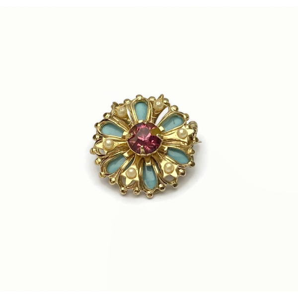 Antique Coro Brooch Pin Small Turquoise Blue Enamel w/ Tiny Pearls Pink Crystal