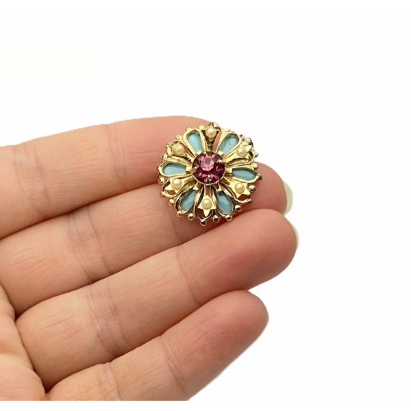 Antique Coro Brooch Pin Small Turquoise Enamel w/ Tiny Faux Pearls Pink Crystal