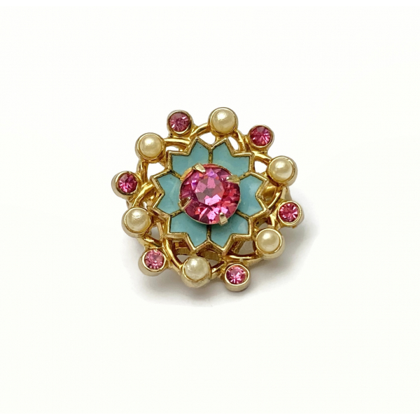 Antique Coro Pin Small 7/8" Pink and Blue w/Tiny Faux Pearls Pink Crystal 1919