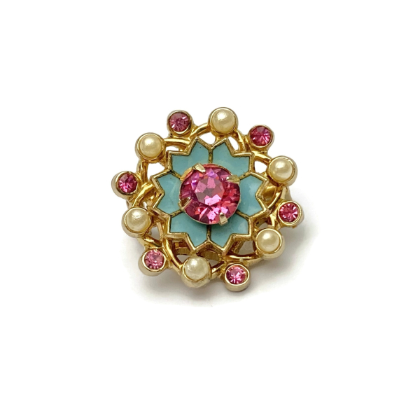 Vintage Coro Brooch Small 7/8" Pink and Blue with Tiny Pearls Pink Rhinestones
